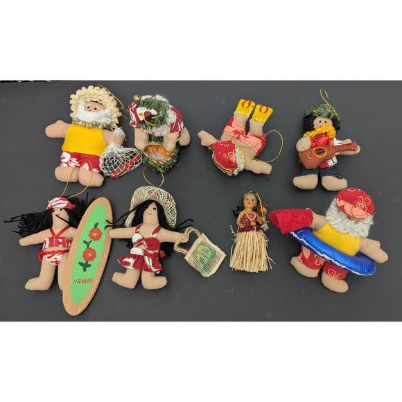 Lot Of 8 Hawaiian Island Hula Tiki Surf Santa Christmas Ornaments Cloth - Picture 1 of 9